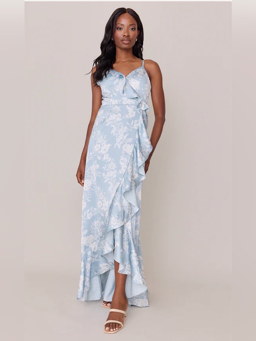 Revelry Paloma Satin Floral Print Dress - Sky Blue Bouquet